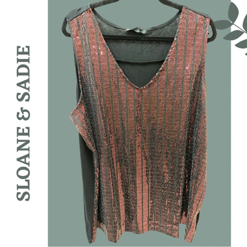 Sloane & Sadie Black and Red Sequin Sleeveless Women's Knit Top V Neck 3X